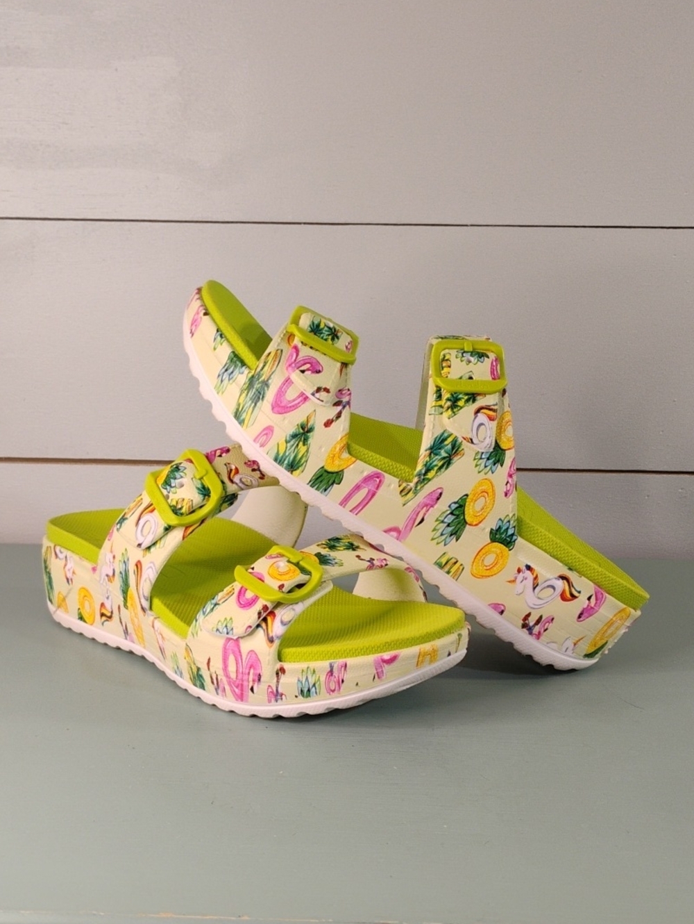 Dansko Lime Green Tropical Print Platform Sandals